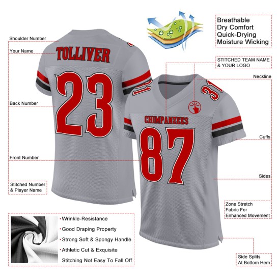 Rood-zwarte voetbal lichtgrijze authentieke aangepaste jersey mesh Rood-zwarte voetbal lichtgrijze authentieke aangepaste jersey mesh
