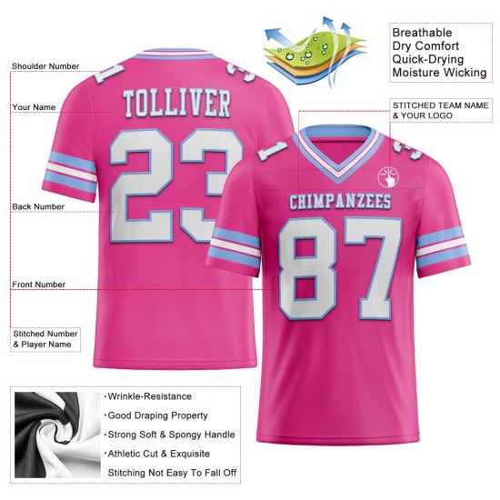 Roze Wit-Licht Authentiek Custom Football Jersey Blauw Mesh Roze Wit-Licht Authentiek Custom Football Jersey Blauw Mesh