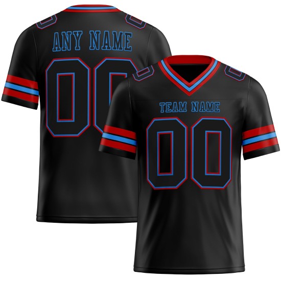Op maat gemaakt authentiek zwart voetbalshirt in poederblauw-rood mesh Op maat gemaakt authentiek zwart voetbalshirt in poederblauw-rood mesh