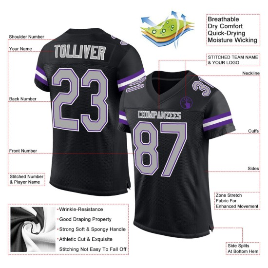 Jersey Authentieke Grijs-Paars Zwart Mesh Voetbal Aangepast Jersey Authentieke Grijs-Paars Zwart Mesh Voetbal Aangepast