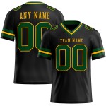 Op maat gemaakt zwart mesh voetbalshirt met authentiek groen-gouden patroon Op maat gemaakt zwart mesh voetbalshirt met authentiek groen-gouden patroon