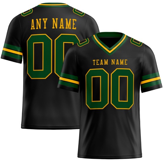 Op maat gemaakt zwart mesh voetbalshirt met authentiek groen-gouden patroon Op maat gemaakt zwart mesh voetbalshirt met authentiek groen-gouden patroon