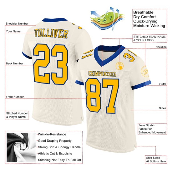 Jersey Authentieke Voetbal Goud-Royal Mesh Crème Aangepast Jersey Authentieke Voetbal Goud-Royal Mesh Crème Aangepast