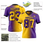 Op maat gemaakt authentiek geel-zwart voetbal mesh mode-shirt met paarse kleurovergang Op maat gemaakt authentiek geel-zwart voetbal mesh mode-shirt met paarse kleurovergang