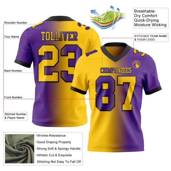 Op maat gemaakt authentiek geel-zwart voetbal mesh mode-shirt met paarse kleurovergang Op maat gemaakt authentiek geel-zwart voetbal mesh mode-shirt met paarse kleurovergang
