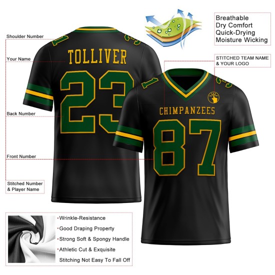 Op maat gemaakt zwart mesh voetbalshirt met authentiek groen-gouden patroon Op maat gemaakt zwart mesh voetbalshirt met authentiek groen-gouden patroon