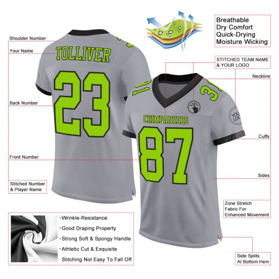 Custom Neon Jersey Voetbal Groen-Zwart Authentieke Mesh Grijs Custom Neon Jersey Voetbal Groen-Zwart Authentieke Mesh Grijs