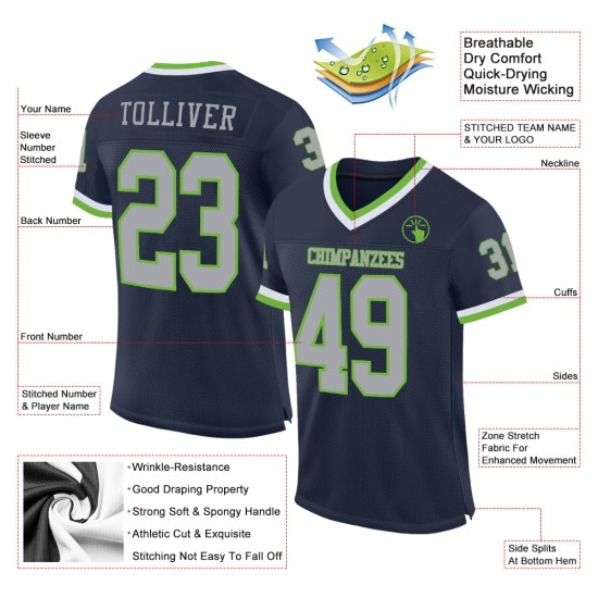 Throwback Authentieke Custom Green Mesh Football Navy Jersey Grijs-Neon