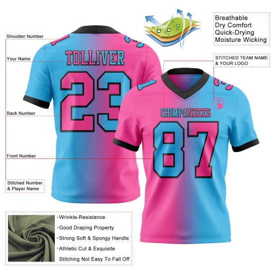 Roze-zwart authentiek blauw shirt met gradiënt hemel mesh mode aangepaste voetbal Roze-zwart authentiek blauw shirt met gradiënt hemel mesh mode aangepaste voetbal