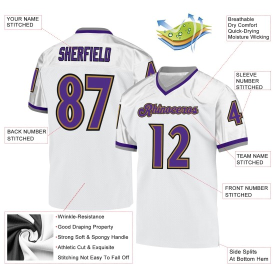 Goudkleurige Throwback Paars-Oud Wit Voetbal Custom Mesh Authentiek Jersey Goudkleurige Throwback Paars-Oud Wit Voetbal Custom Mesh Authentiek Jersey