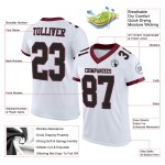 Authentiek wit voetbalshirt met mesh, zwart-bordeauxrood, op maat gemaakt Authentiek wit voetbalshirt met mesh, zwart-bordeauxrood, op maat gemaakt