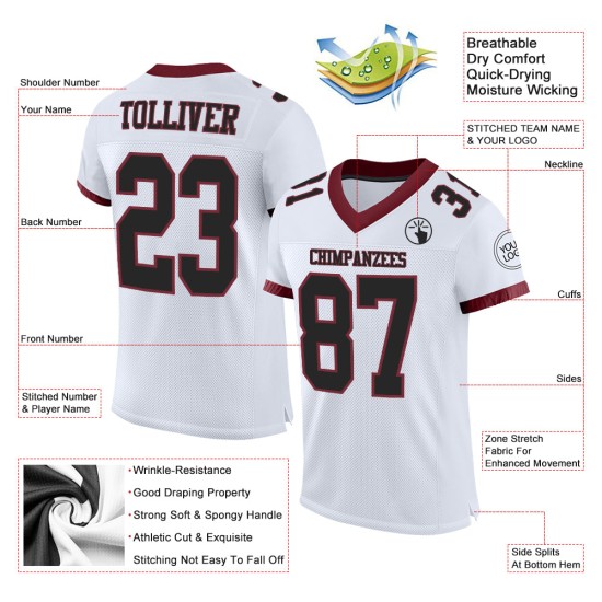 Authentiek wit voetbalshirt met mesh, zwart-bordeauxrood, op maat gemaakt Authentiek wit voetbalshirt met mesh, zwart-bordeauxrood, op maat gemaakt