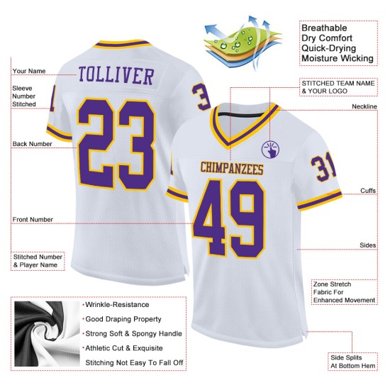 Voetbal Wit Jersey Authentieke Mesh Throwback Paars-Goud Aangepast