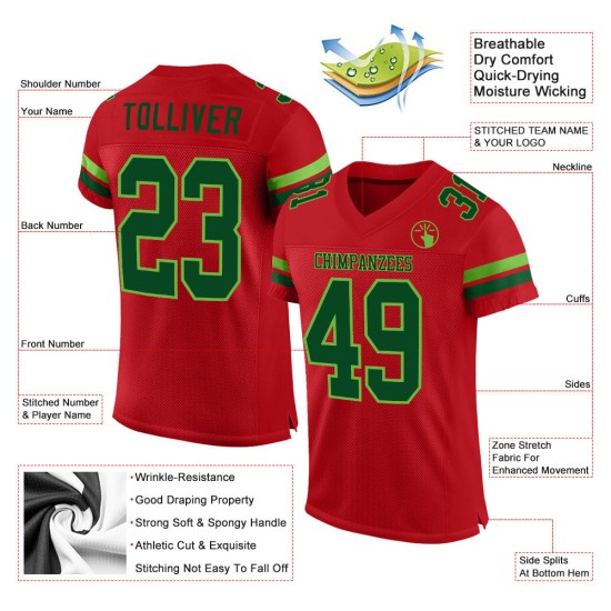 Groen Rood Mesh Authentiek Voetbalshirt Aangepast Groen-Neon Groen Rood Mesh Authentiek Voetbalshirt Aangepast Groen-Neon