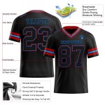 Op maat gemaakt authentiek zwart voetbalshirt in poederblauw-rood mesh Op maat gemaakt authentiek zwart voetbalshirt in poederblauw-rood mesh